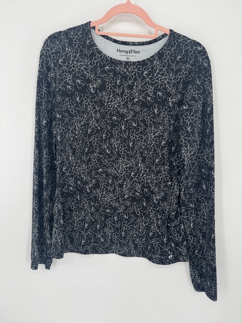 Hang Ten Womens Black Long Sleeve UV Protection Tee White Floral Outdoor Size XL